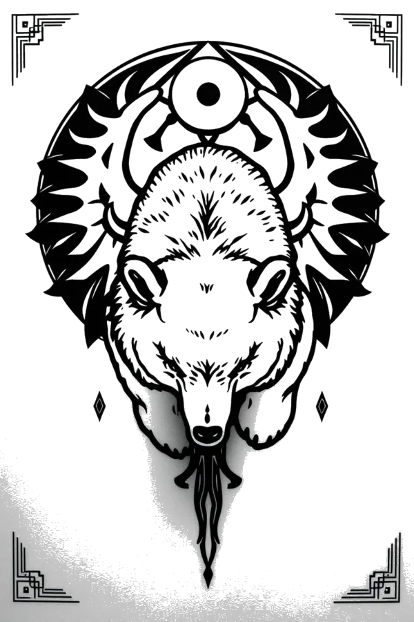 Black and white temporary temporary tattoo of a bear's head and neck, facing forward with closed eyes and a serene expression. The bear's light gray or white fur is complemented by intricate patterns around its neck, including stylized antlers and a circular design.