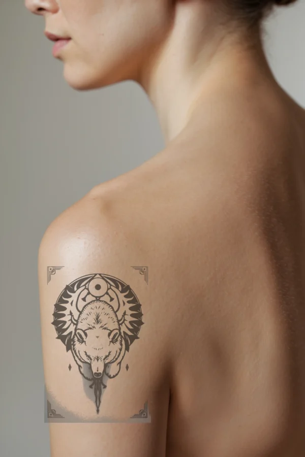 A profile view of a person showcasing a temporary temporary tattoo on their shoulder. The temporary tattoo features a detailed black and white illustration of a bear's head and neck, facing forward with closed eyes, exuding a serene expression. The bear's light gray or white