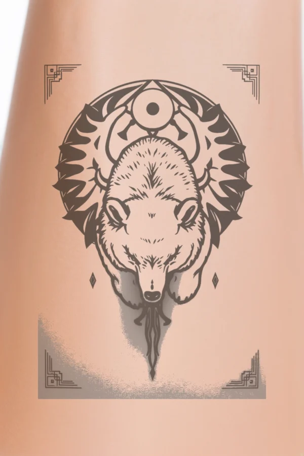 Close-up view of a person's lower legs featuring a temporary temporary tattoo on the calf. The temporary tattoo showcases a striking black and white illustration of a bear's head facing forward, with its eyes closed in a serene expression. The bear's neck is decorated with intricate