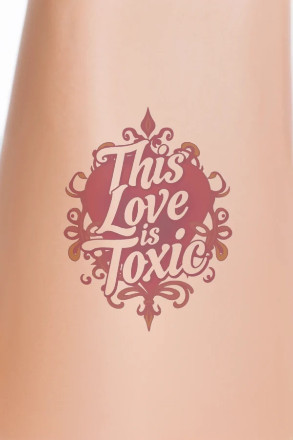 Close-up of a calf with a temporary temporary tattoo featuring a vibrant red heart at the center, surrounded by elegant white text. The phrase "This Love is Toxic" is arranged in a circular pattern around the heart, with "This" above "Love"