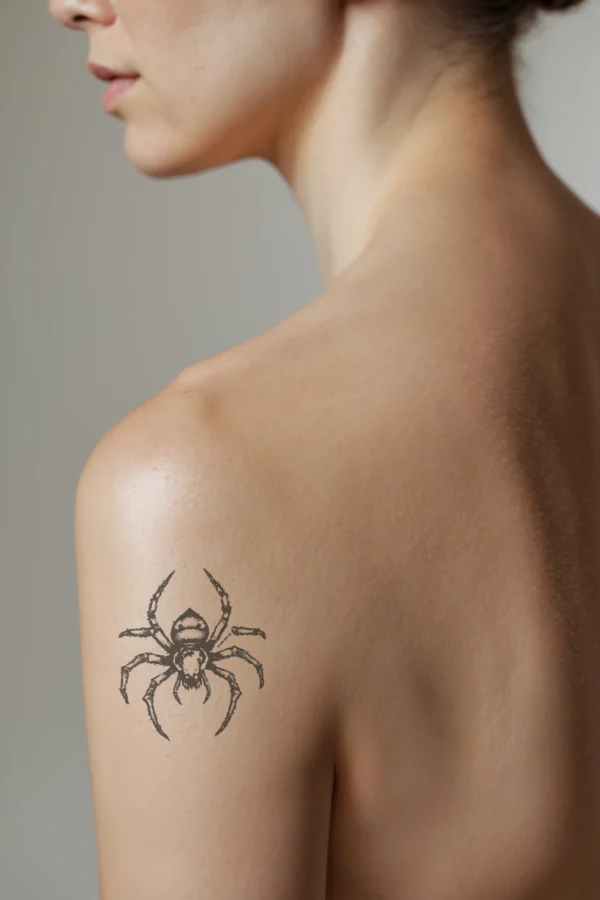 A detailed black and white temporary temporary tattoo of a spider on a person's shoulder, shown in profile. The spider is centrally located, facing right, with intricate detailing on its black body and legs. Its legs are spread out, some slightly curled, and the