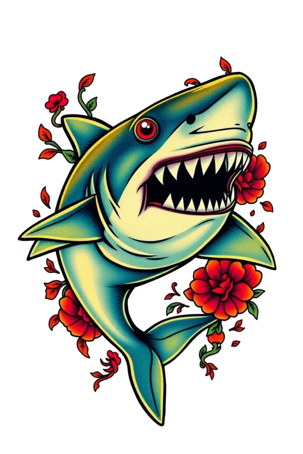 Temporary temporary tattoo design featuring a stylized shark in vibrant blue and green hues, facing right with an open mouth displaying sharp teeth and striking red eyes. The shark is encircled by a vivid arrangement of red and orange flowers, including roses, creating a
