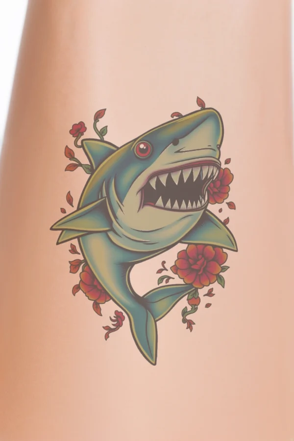 A temporary temporary tattoo design featuring a stylized shark with a vibrant blue and green body, depicted facing right with an open mouth showcasing sharp teeth and striking red eyes. The shark is encircled by a dynamic arrangement of red and orange flowers, including roses