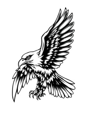 A striking black and white temporary tattoo design featuring a majestic eagle in flight. The eagle has its wings fully spread, showcasing a powerful wingspan, and is angled downwards for a dynamic appearance. Its head is turned to the left with an open be