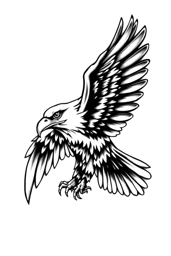 A striking black and white temporary temporary tattoo design featuring a majestic eagle in flight. The eagle has its wings fully spread, showcasing a powerful wingspan, and is angled downwards for a dynamic appearance. Its head is turned to the left with an open be