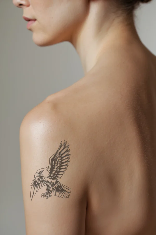 A profile view of a person showcasing a temporary temporary tattoo on their shoulder featuring a majestic black and white eagle in flight. The eagle's wings are spread wide, emphasizing its powerful wingspan, while its head is turned to the left with an open beak