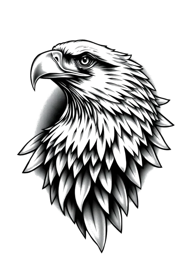 A detailed black and white illustration of a majestic eagle, featuring its head and neck prominently in the center. The eagle is turned to the left, with its gaze directed to the right and its beak open, showcasing sharp teeth. The intricately patterned