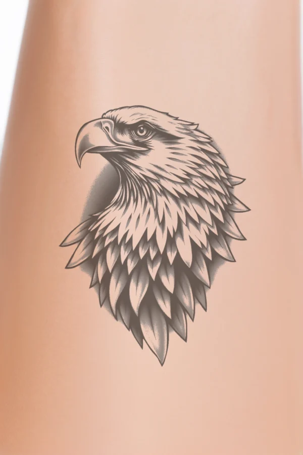 Black and white temporary temporary tattoo design featuring a detailed illustration of a majestic eagle. The eagle's head and neck are prominently displayed, turned to the left with its gaze directed to the right. Its beak is open, showcasing sharp teeth, while the intric