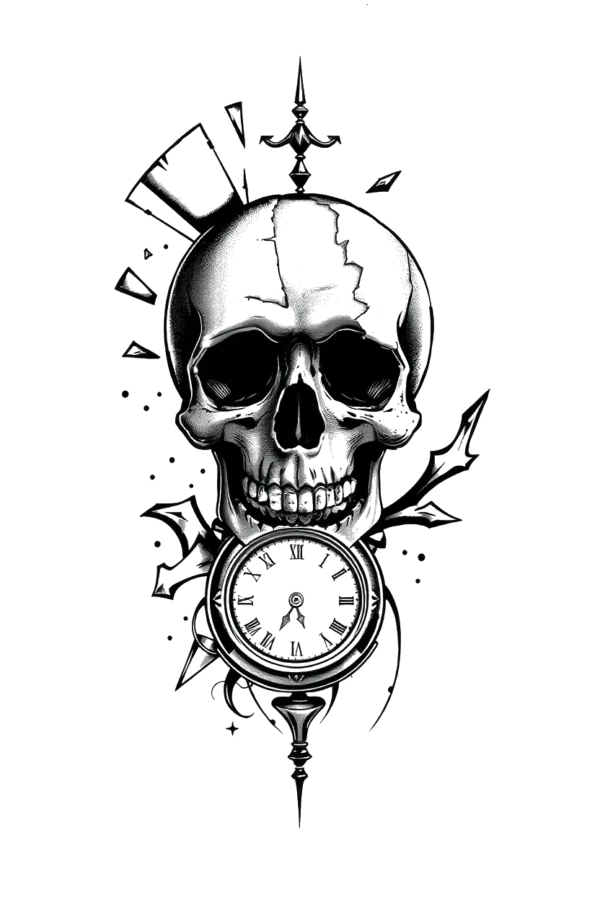 A striking black and white temporary temporary tattoo featuring a central skull facing forward, integrated with a clock face positioned below it. The clock shows the time at approximately 10:10 and is shaded in dark gray or black. Surrounding the skull and clock is