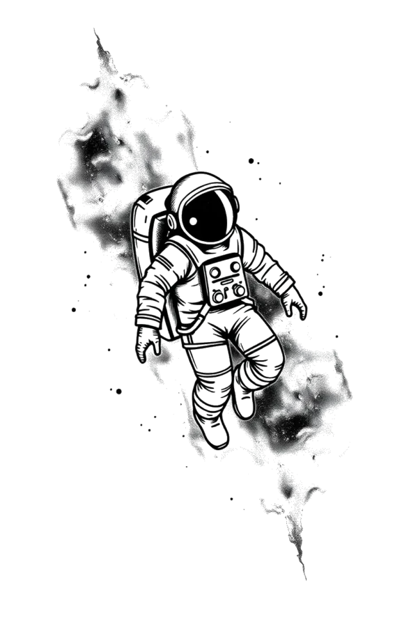Alt text: A temporary temporary tattoo design featuring an astronaut in a white spacesuit and black helmet, floating in space and facing right. The astronaut has a dark-colored backpack, and their legs are bent at the knees with feet pointing downwards. The background