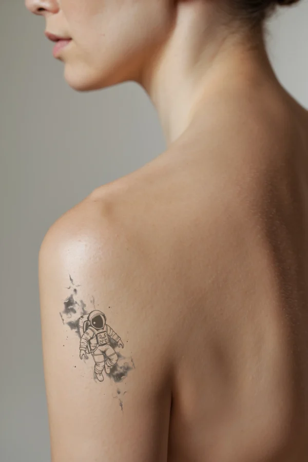 A temporary temporary tattoo on a person’s shoulder features a detailed profile of an astronaut floating in space. The astronaut is depicted in a white spacesuit with a black helmet and dark backpack, positioned centrally and facing right. The background is a stark white, enhanced
