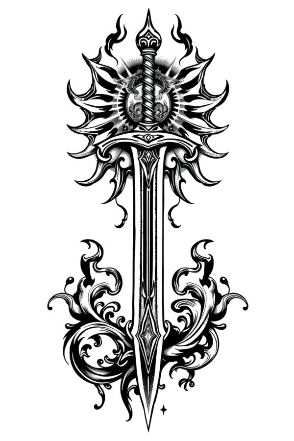 A detailed black and white temporary temporary tattoo design featuring a symmetrical sword with an intricately adorned hilt. The hilt features a central circular design with a pointed top and ornate patterns. The blade, showcasing a pointed tip and curved embellishments, extends downward