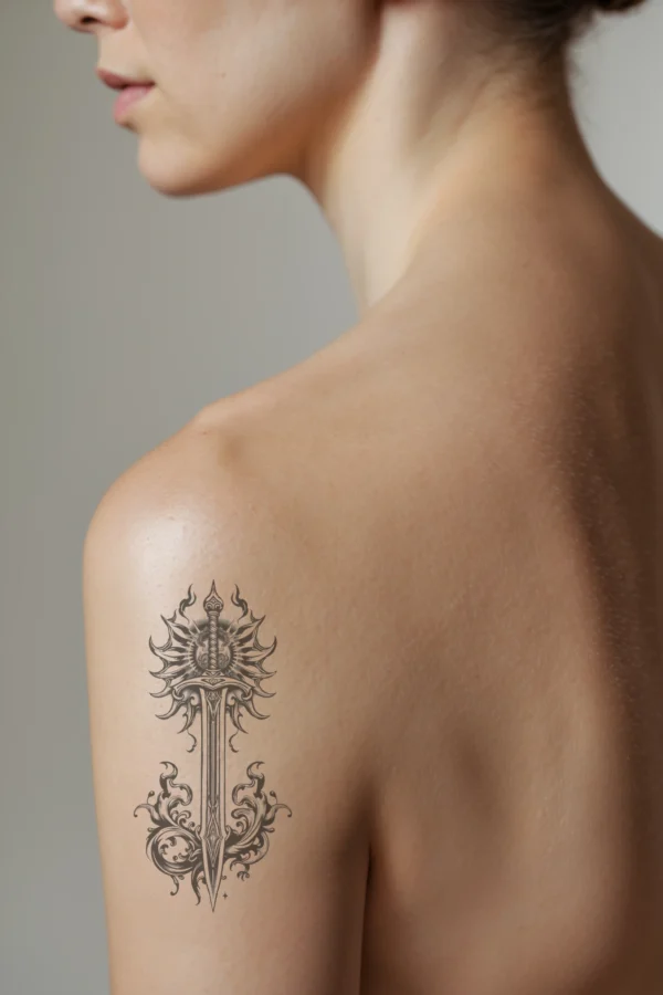 A detailed black and white temporary temporary tattoo on a person's shoulder showcases an ornate sword in profile. The sword features a beautifully designed hilt with a central circular motif and intricate patterns, while the blade, with a pointed tip and curved design, extends downward.