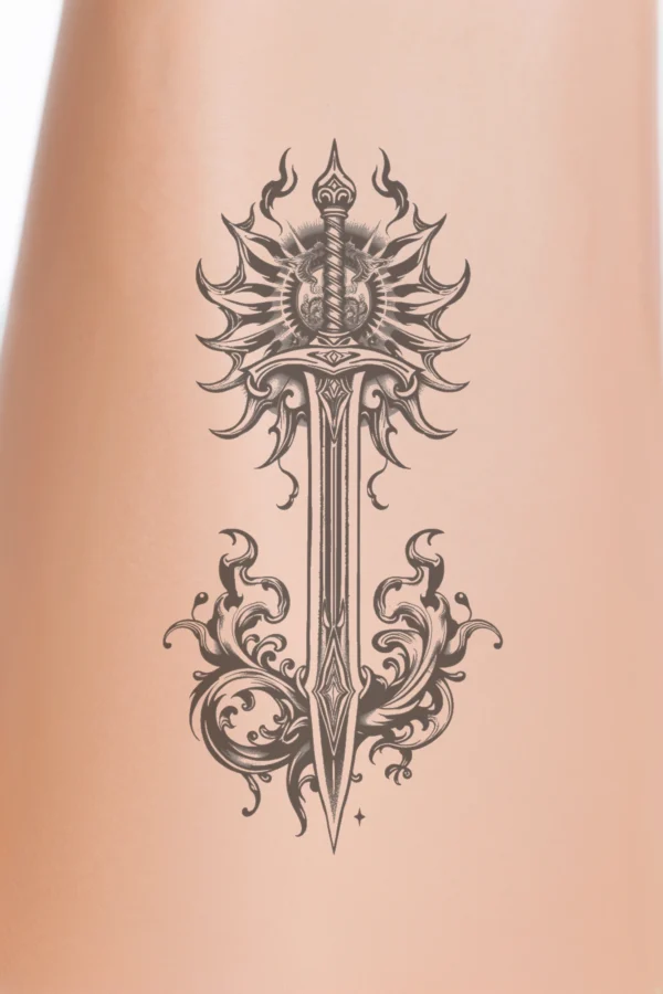 Black and white temporary temporary tattoo illustration of a sword, featuring an intricately designed hilt with a central circular motif and ornate patterns. The sword's symmetrical blade has a pointed tip and a curved design, extending downward, while the hilt extends upward.