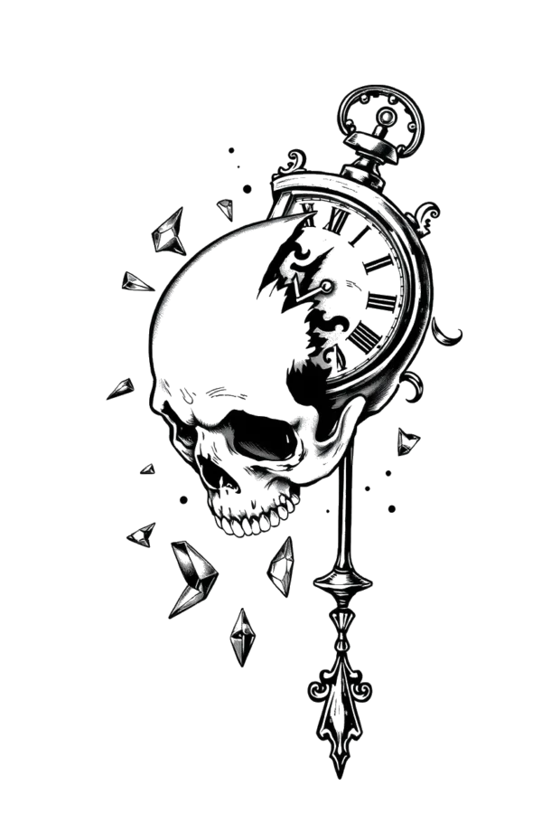 Temporary temporary tattoo design featuring a detailed black and white skull with a prominent eye socket, positioned centrally. To the right of the skull is an ornate pocket watch with a dark face and a gold-colored frame. The intricate design of the skull's eye socket enhances