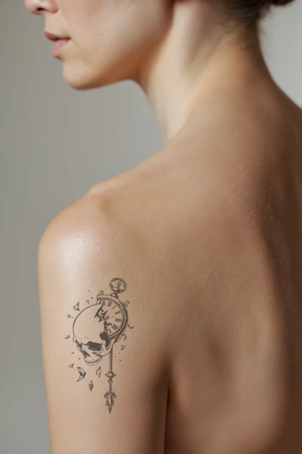 A detailed black and white temporary temporary tattoo on a person's shoulder features a central skull with a prominently designed eye socket. Attached to the right side of the skull is an ornate pocket watch with a dark face and a gold frame. The temporary tattoo is set against a