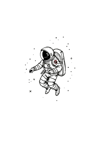 A black and white temporary tattoo design featuring an astronaut floating in space. The astronaut, centered in the image, wears a white spacesuit with a black helmet and a red shoulder patch. Their legs are bent at the knees, and their arms are extended