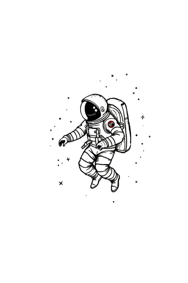 A black and white temporary temporary tattoo design featuring an astronaut floating in space. The astronaut, centered in the image, wears a white spacesuit with a black helmet and a red shoulder patch. Their legs are bent at the knees, and their arms are extended