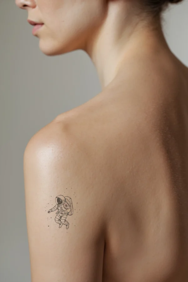A detailed temporary temporary tattoo on a person's shoulder depicting an astronaut in profile. The astronaut, wearing a white spacesuit and a dark helmet, is floating in space with their arms extended and legs slightly bent. A red patch on the shoulder contrasts with the white