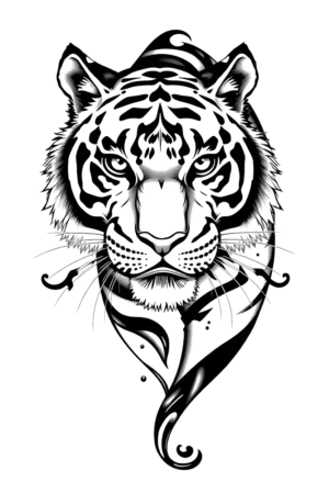 A black and white temporary tattoo featuring a realistic illustration of a tiger's face. The tiger has wide-open eyes and a direct gaze, with a slightly open mouth displaying its teeth. Detailed fur includes intricate stripes and spots, and the prominent nose adds to