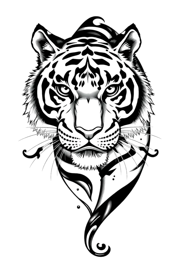 A black and white temporary temporary tattoo featuring a realistic illustration of a tiger's face. The tiger has wide-open eyes and a direct gaze, with a slightly open mouth displaying its teeth. Detailed fur includes intricate stripes and spots, and the prominent nose adds to
