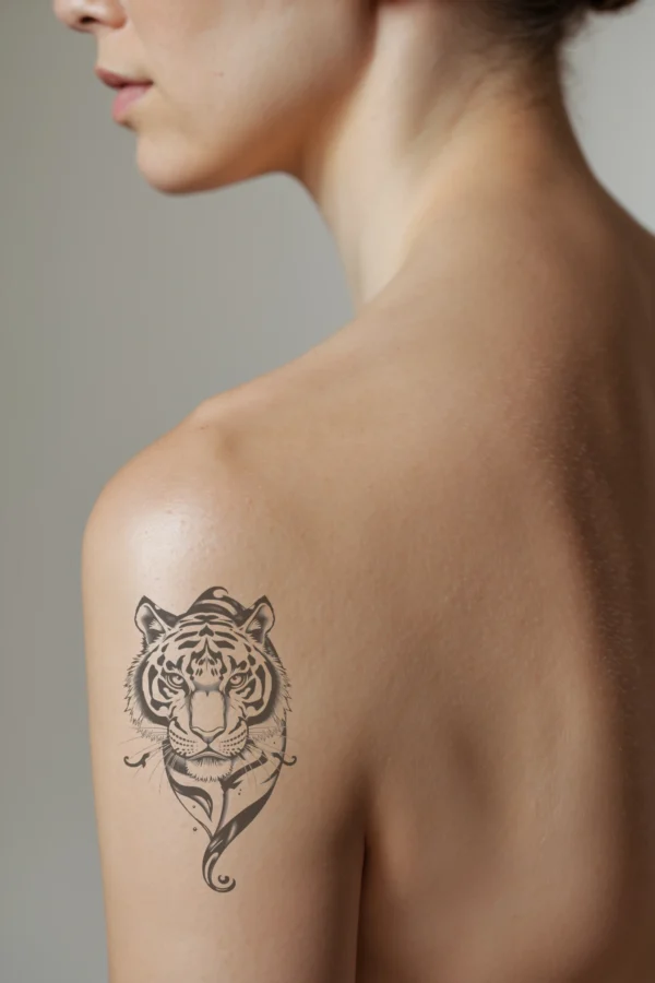 A detailed temporary temporary tattoo on a person's shoulder features a striking black and white illustration of a tiger's face in profile. The tiger has wide-open eyes and a slightly open mouth displaying its teeth. The fur is intricately designed with patterns, stripes, and