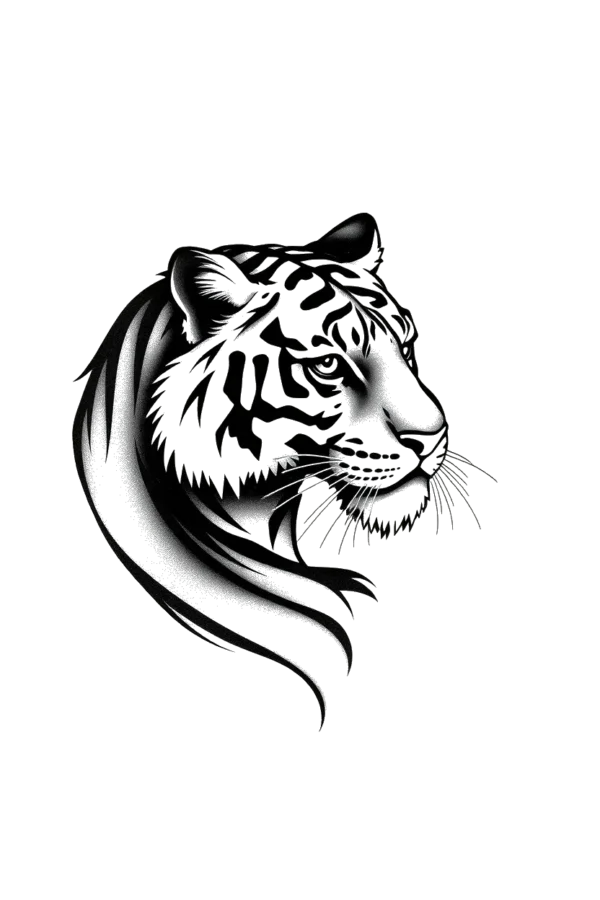 A striking black and white temporary temporary tattoo featuring a detailed illustration of a tiger's head and neck facing right. The tiger's alert eyes and flowing, stylized mane highlight its powerful features, while intricate patterns and textures accentuate its face. The body is