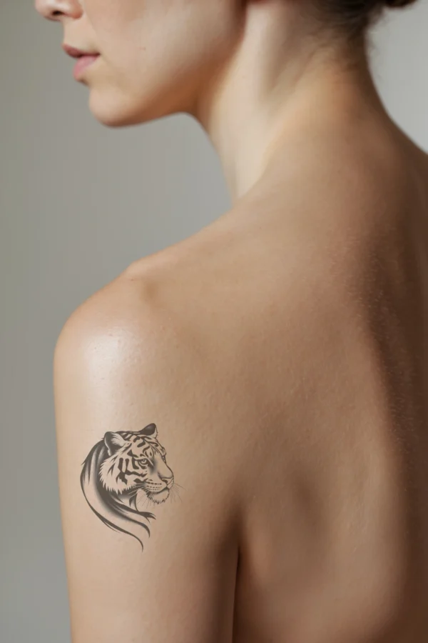 A profile view of a person's shoulder featuring a striking black and white temporary temporary tattoo of a tiger's head and neck. The tiger is facing right, with its alert eyes and flowing mane depicted in intricate patterns and textures. The stylized design highlights the tiger
