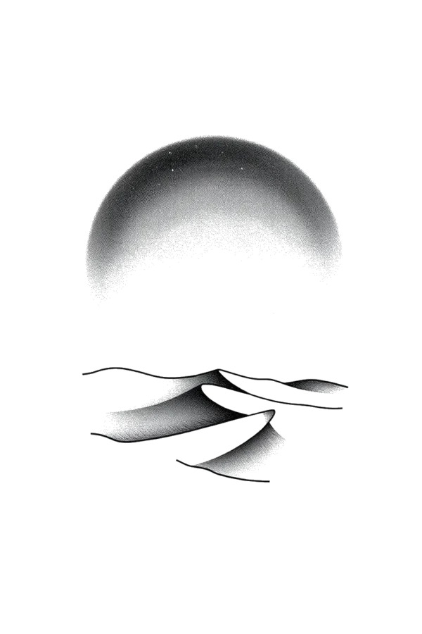Temporary temporary tattoo design featuring a striking black and white illustration of a desert landscape. At the center, a large, circular sun is depicted with a dark outer edge and a lighter inner edge, creating a gradient effect. The stark white background enhances the contrast of
