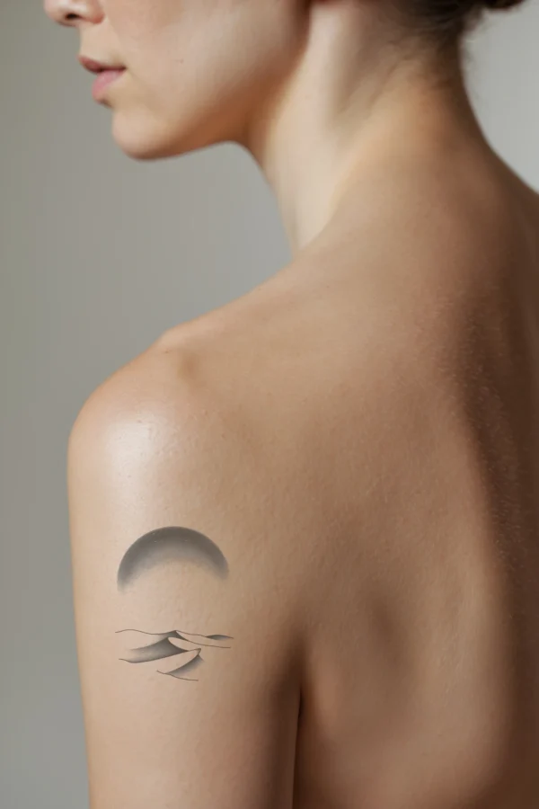 A profile view of a person displaying a detailed temporary temporary tattoo on their shoulder. The temporary tattoo features a striking black and white desert landscape, centered around a large circular sun with a dark outer edge and a lighter inner edge. The surrounding background is pure white,