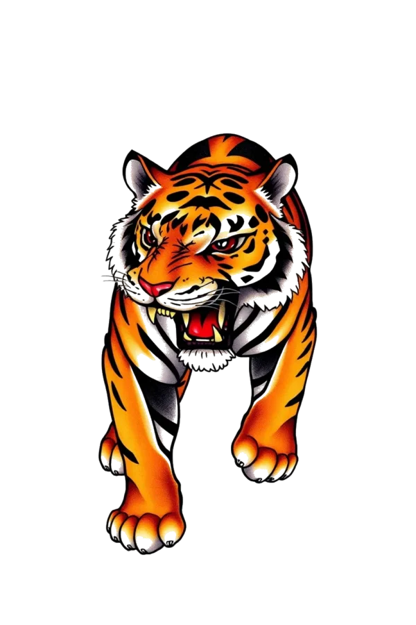 Temporary temporary tattoo design featuring a fierce tiger in a dynamic pose, mouth open and teeth bared as if roaring. The tiger's body is angled left, with its head turned to face the viewer. It showcases a vivid orange and black fur pattern, accented