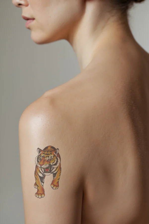 Alternative text: "Profile view of a person showcasing a vibrant temporary temporary tattoo on their shoulder. The temporary tattoo features a striking tiger in a dynamic pose, with its mouth open and teeth bared in a roar. The tiger, oriented to the left, has