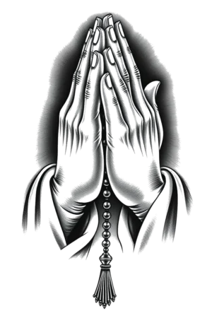 A black and white temporary tattoo design featuring a pair of hands clasped in prayer, with fingers gently curled inward and pointing towards the top right corner. The hands are centered on a white background and adorned with an intricately detailed rosary necklace, enhancing