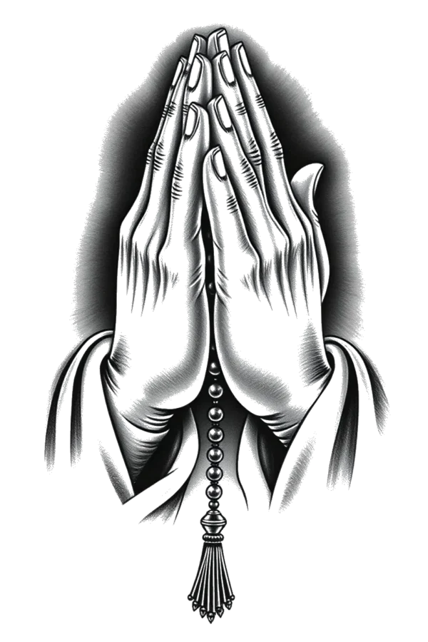 A black and white temporary temporary tattoo design featuring a pair of hands clasped in prayer, with fingers gently curled inward and pointing towards the top right corner. The hands are centered on a white background and adorned with an intricately detailed rosary necklace, enhancing