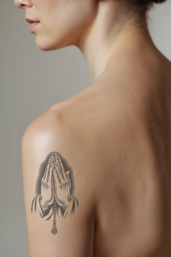 Temporary temporary tattoo design featuring a profile view of a person's shoulder adorned with a striking black and white temporary tattoo. The temporary tattoo depicts a pair of hands clasped in prayer, with fingers gently curled inward, positioned towards the top right corner. A detailed rosary,