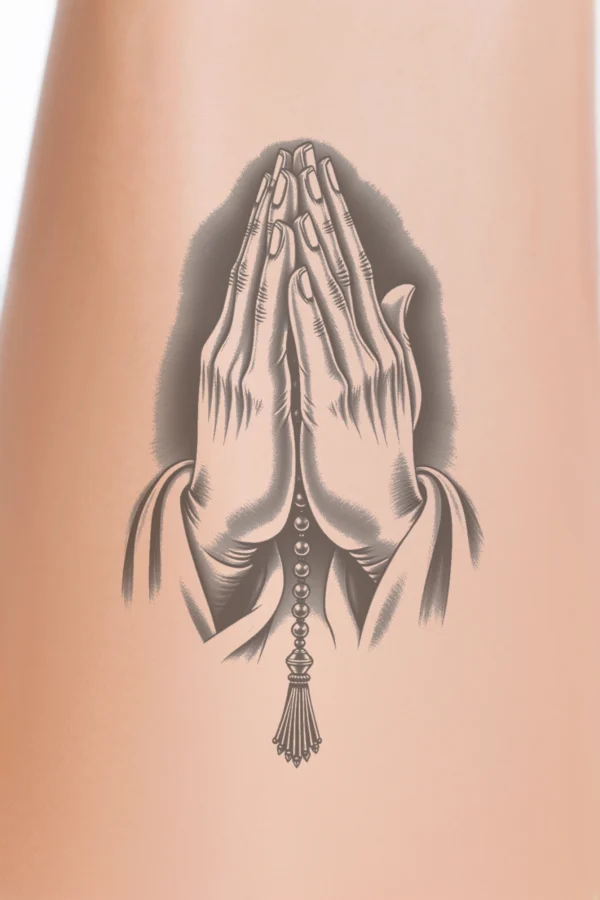 Image of a temporary temporary tattoo featuring a pair of black and white hands clasped in prayer, fingers curled inward, centrally positioned with tips pointing towards the top right corner. A detailed rosary is draped across the hands, enhancing the composition against a plain