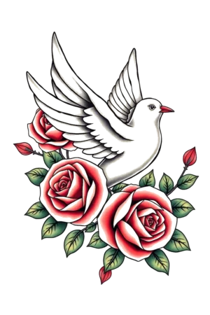 Temporary tattoo design featuring a white dove in mid-flight with spread wings, angled slightly upwards towards the right. The dove is centrally placed and surrounded by three red roses arranged in a loose circle, each with green stems and small leaves. The stark white background