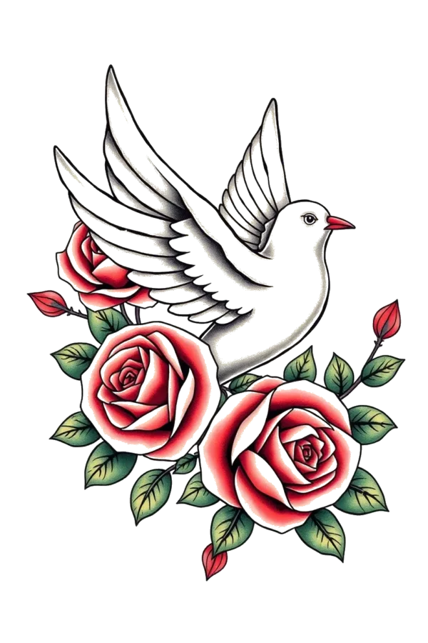 Temporary temporary tattoo design featuring a white dove in mid-flight with spread wings, angled slightly upwards towards the right. The dove is centrally placed and surrounded by three red roses arranged in a loose circle, each with green stems and small leaves. The stark white background