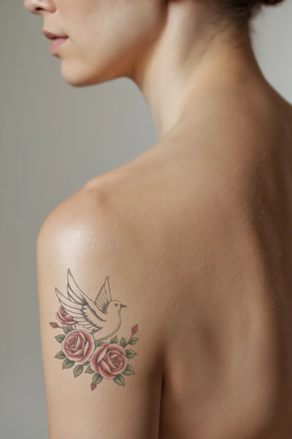 A profile view of a person's shoulder featuring a temporary temporary tattoo of a white dove in mid-flight, wings fully spread and angled slightly upwards towards the right. The dove is centrally positioned, surrounded by three red roses with green stems and small leaves, arranged in