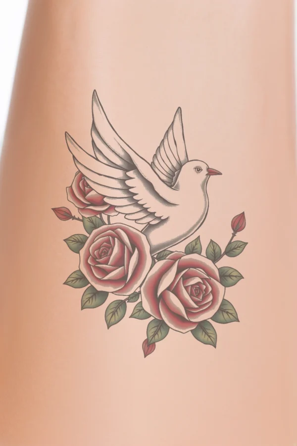 A temporary tattoo design featuring a white dove in mid-flight, centered with its wings spread wide and body angled slightly upwards towards the right. Surrounding the dove are three red roses with green stems and small leaves, arranged in a loose circle. The background is