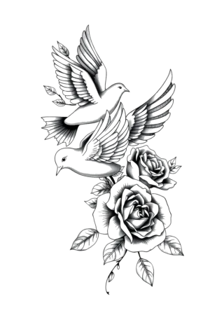 Temporary tattoo design featuring two gray birds in flight with outstretched wings, soaring above a cluster of vibrant roses with delicate petals and green leaves. The birds are positioned to appear as if they are flying towards the viewer, set against a clean white background
