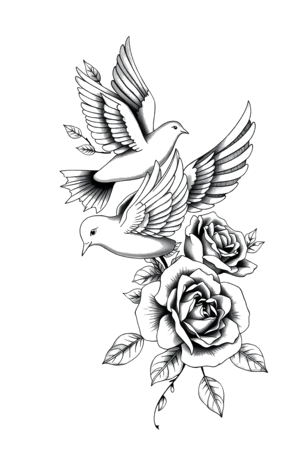 Temporary temporary tattoo design featuring two gray birds in flight with outstretched wings, soaring above a cluster of vibrant roses with delicate petals and green leaves. The birds are positioned to appear as if they are flying towards the viewer, set against a clean white background