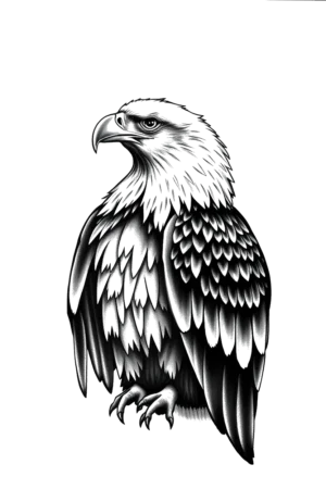 A detailed black and white temporary tattoo design featuring a majestic eagle with its wings fully spread. The eagle's head is turned to the left, its gaze directed off-screen. Intricate patterns and textures adorn its body, enhancing the craftsmanship. The eagle's