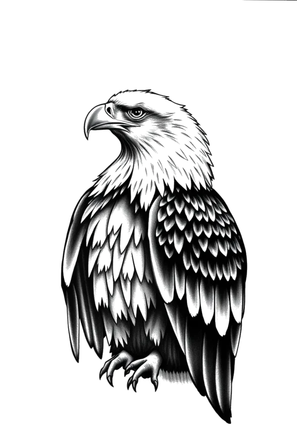A detailed black and white temporary temporary tattoo design featuring a majestic eagle with its wings fully spread. The eagle's head is turned to the left, its gaze directed off-screen. Intricate patterns and textures adorn its body, enhancing the craftsmanship. The eagle's