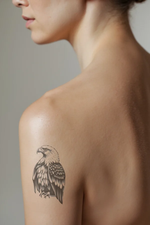 A detailed black and white temporary temporary tattoo on a person's shoulder features a majestic eagle in profile, with its wings spread wide and head turned to the left, gazing outward. The intricate patterns and textures on the eagle's body highlight the craftsmanship of the design