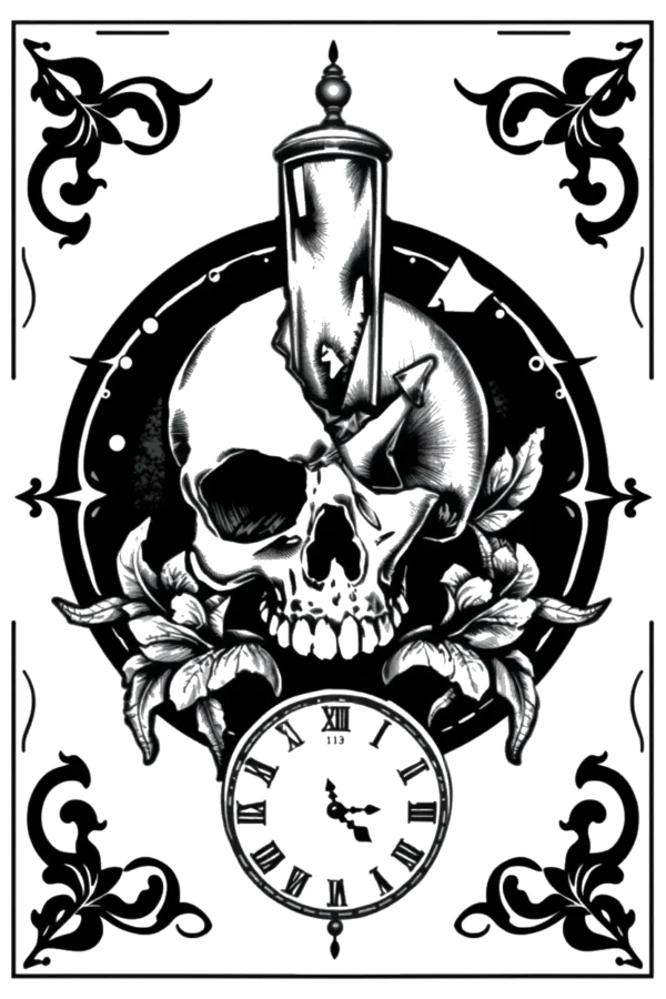 Black and white temporary temporary tattoo design featuring a central skull with a large eye socket and a small bead-like nosepiece. The skull is encircled by a decorative border and set against a dark gray or black clock face adorned with small bead-like hour and