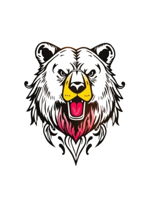 A striking temporary tattoo design featuring a black and white bear's head, roaring with its mouth open and a pink tongue visible. The bear's intense eyes and fur showcase a blend of black and white with hints of pink and red. Adorned with