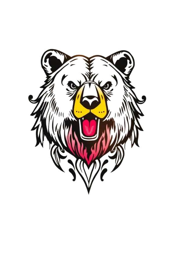 A striking temporary temporary tattoo design featuring a black and white bear's head, roaring with its mouth open and a pink tongue visible. The bear's intense eyes and fur showcase a blend of black and white with hints of pink and red. Adorned with