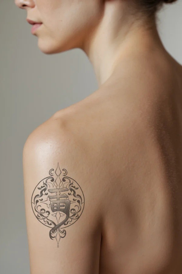 A close-up profile view of a person's shoulder featuring a detailed black and white temporary temporary tattoo. The temporary tattoo showcases a stylized character resembling an "I" or "Y" with a flowing form, encircled by an ornate, symmetrical frame inspired by