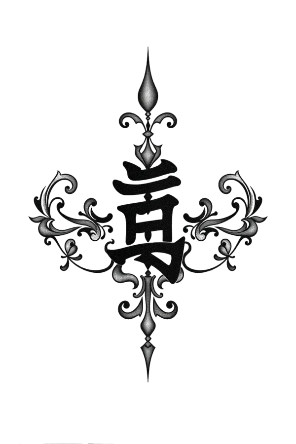 Temporary temporary tattoo featuring a striking black and white symmetrical design. At the center is a decorative frame that houses a stylized letter "A" or "S," topped with a pointed, spire-like element. The artwork includes intricate floral and scrollwork details